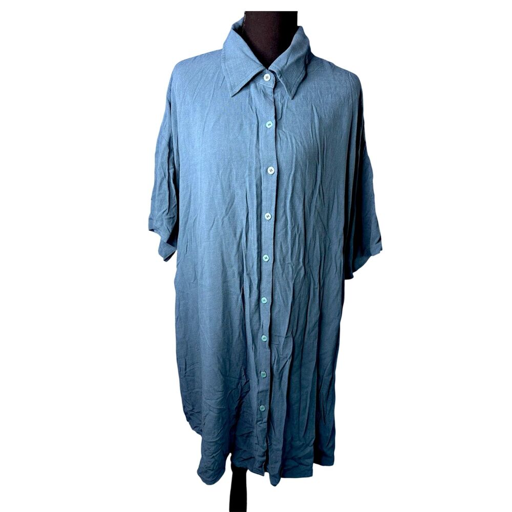 Rebdolls Womens Teal Linen Tunic Shirt Dress 2X Lagenlook Minimalist Oversized